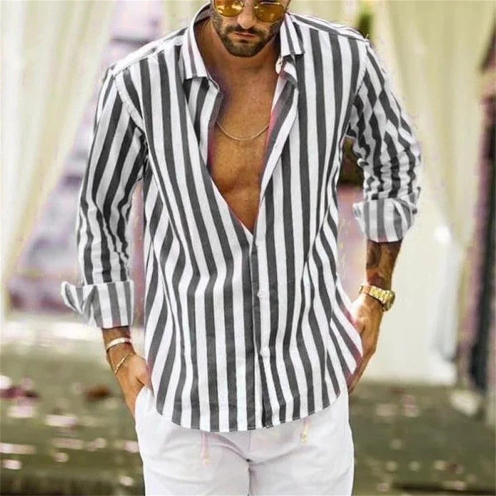 New Men'S Long Sleeved Solid Color Striped Printed Shirt, Men'S Hawaii Classic Fashion Top, Comfortable and Soft Materials 2023