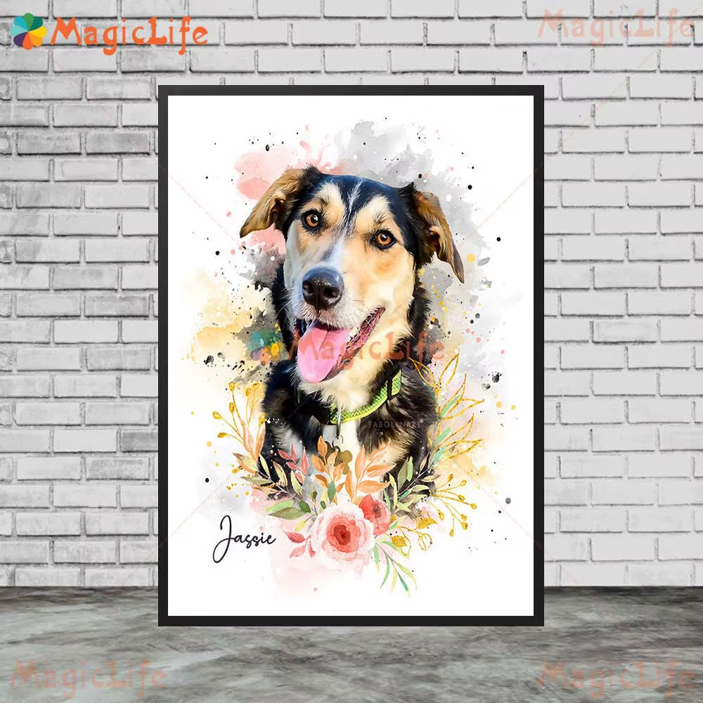 Custom Animals Leaf Plant Dog Cat Pets Photo Name Poster Wall Art Canvas Painting Wall Pictures for Living Room Decor Unframed