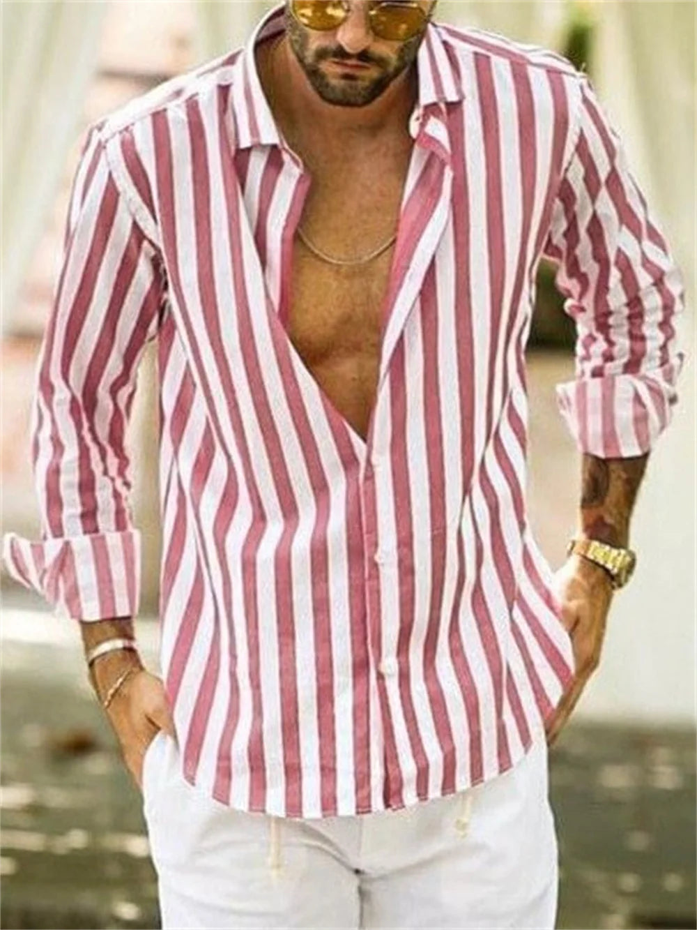New Men'S Long Sleeved Solid Color Striped Printed Shirt, Men'S Hawaii Classic Fashion Top, Comfortable and Soft Materials 2023
