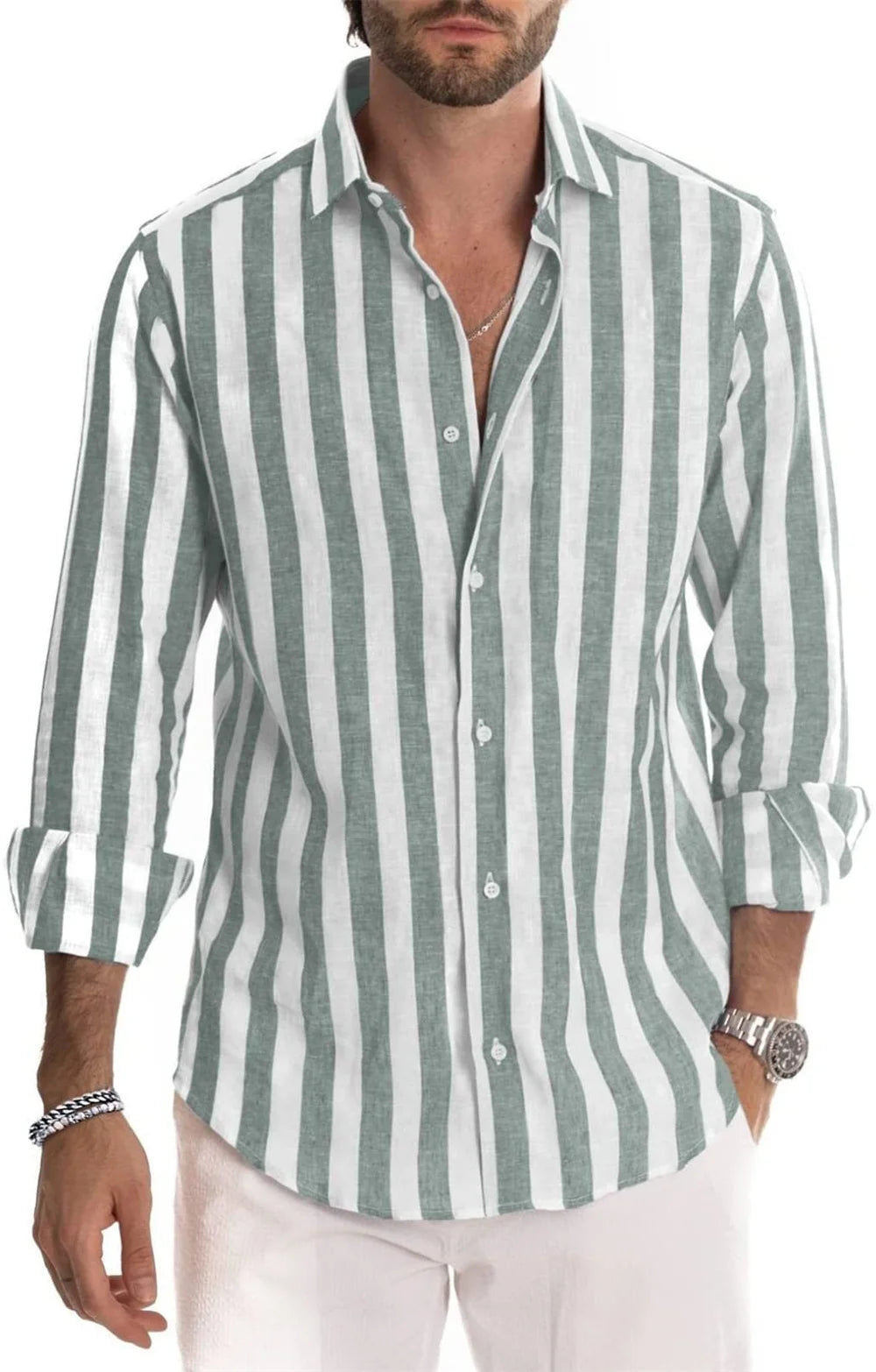 New Men'S Long Sleeved Solid Color Striped Printed Shirt, Men'S Hawaii Classic Fashion Top, Comfortable and Soft Materials 2023
