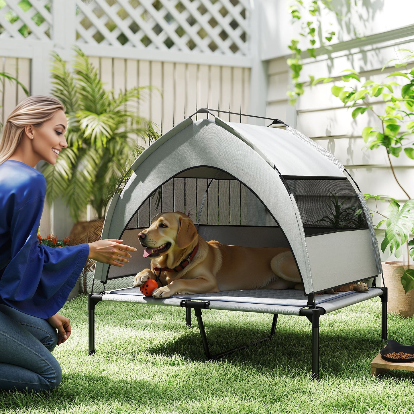 Elevated Dog Bed with Removable Canopy, Portable outside Raised Pet Cot with Cooling Pad, Storage Bag, 36 X 29.5 X 35