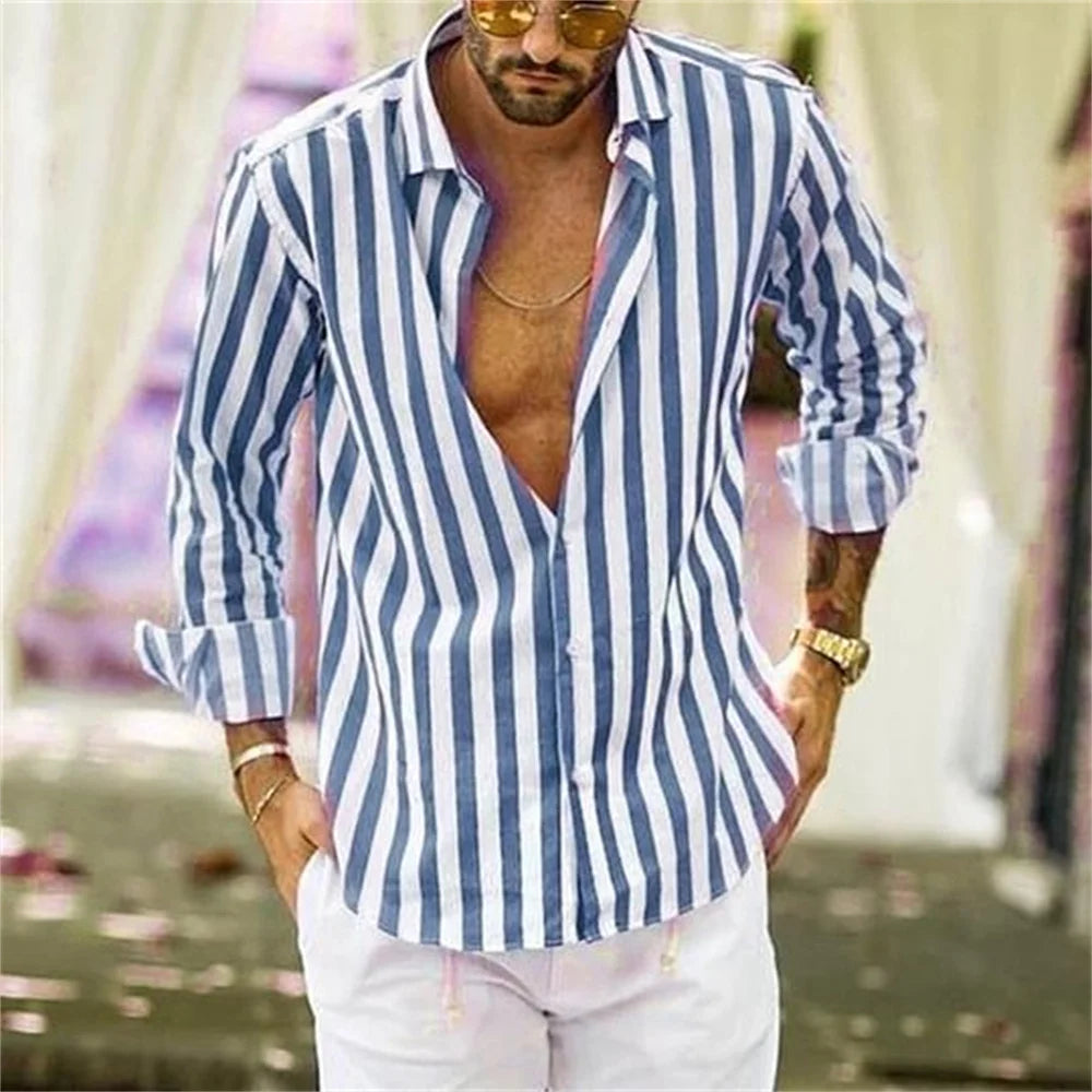 New Men'S Long Sleeved Solid Color Striped Printed Shirt, Men'S Hawaii Classic Fashion Top, Comfortable and Soft Materials 2023