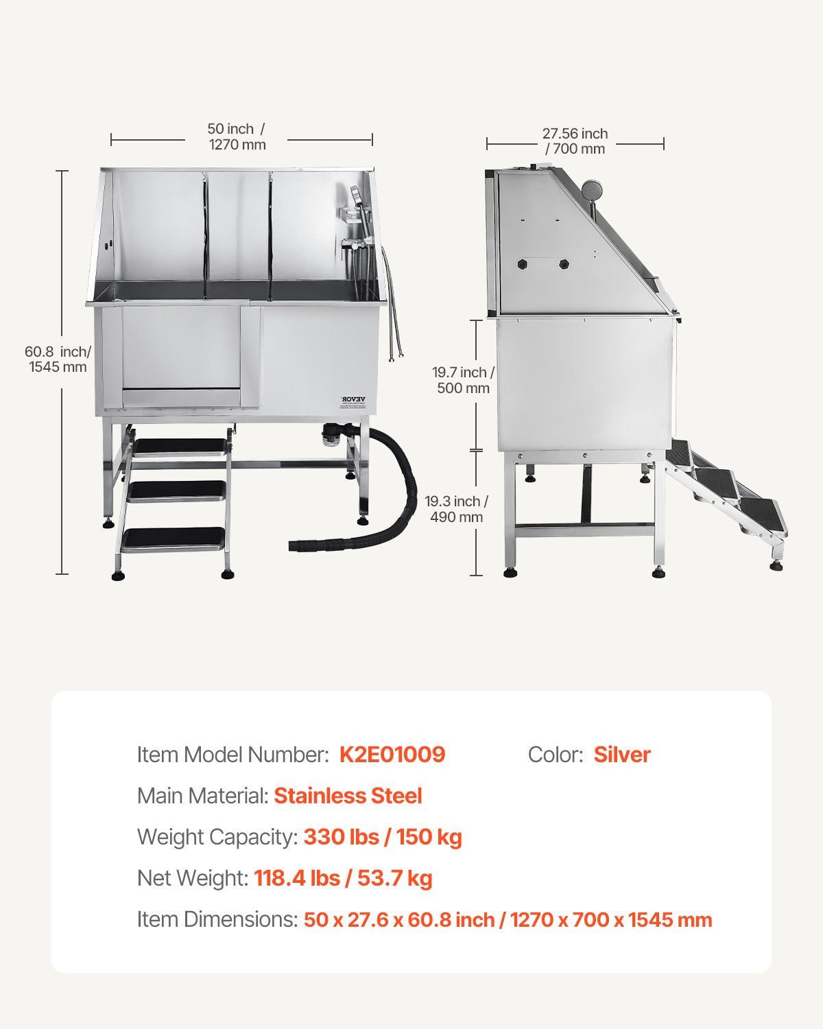 50 Inch Dog Grooming Bath Tub Stainless Steel W Stairs Water Filter Left