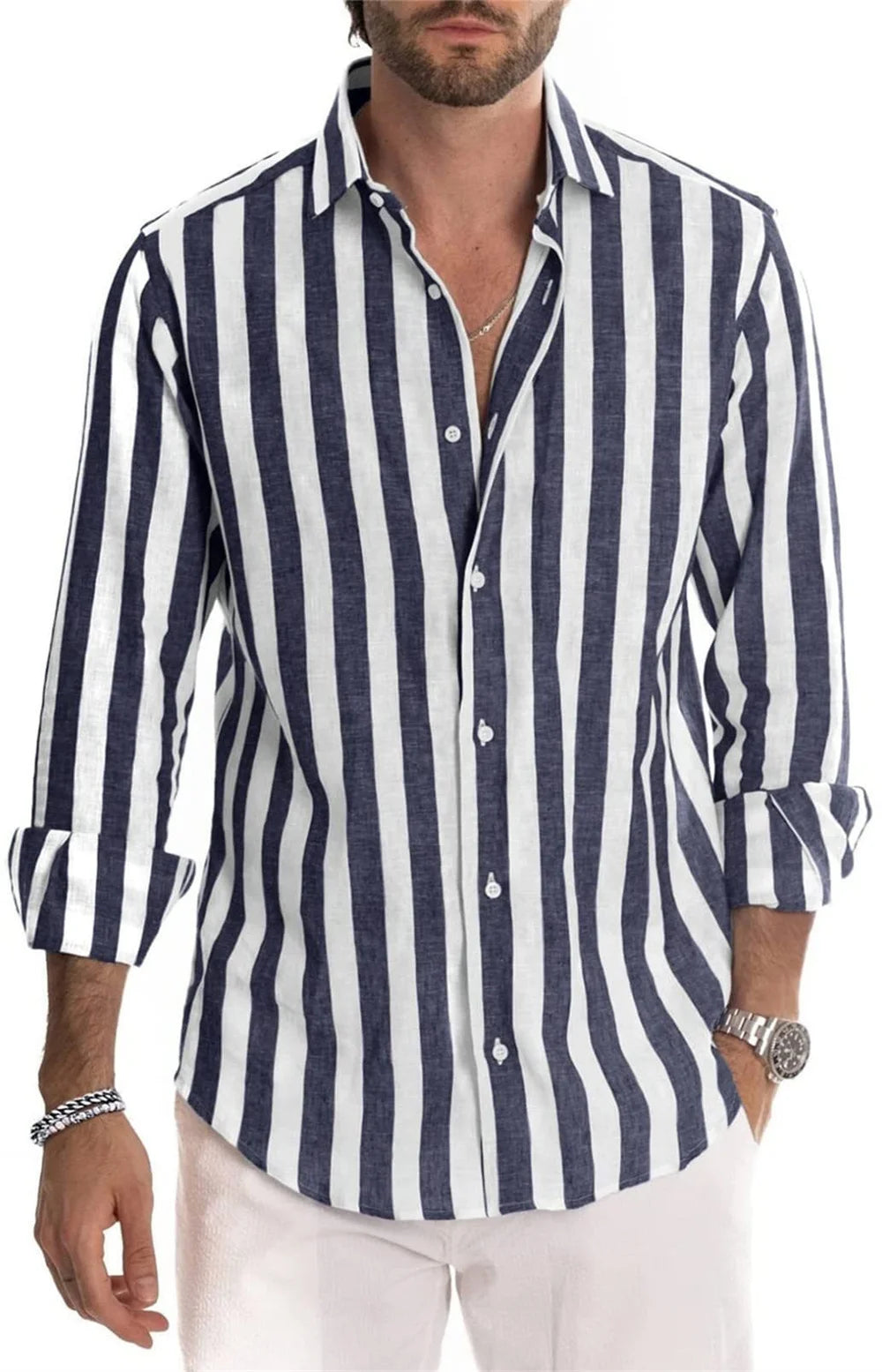 New Men'S Long Sleeved Solid Color Striped Printed Shirt, Men'S Hawaii Classic Fashion Top, Comfortable and Soft Materials 2023