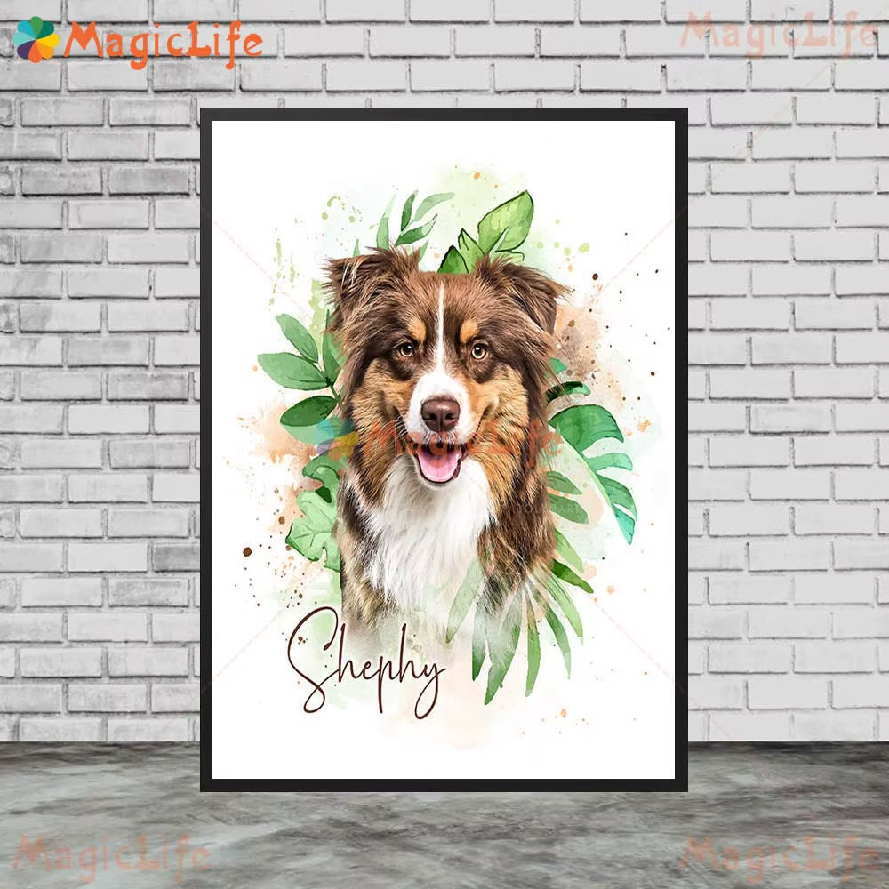Custom Animals Leaf Plant Dog Cat Pets Photo Name Poster Wall Art Canvas Painting Wall Pictures for Living Room Decor Unframed