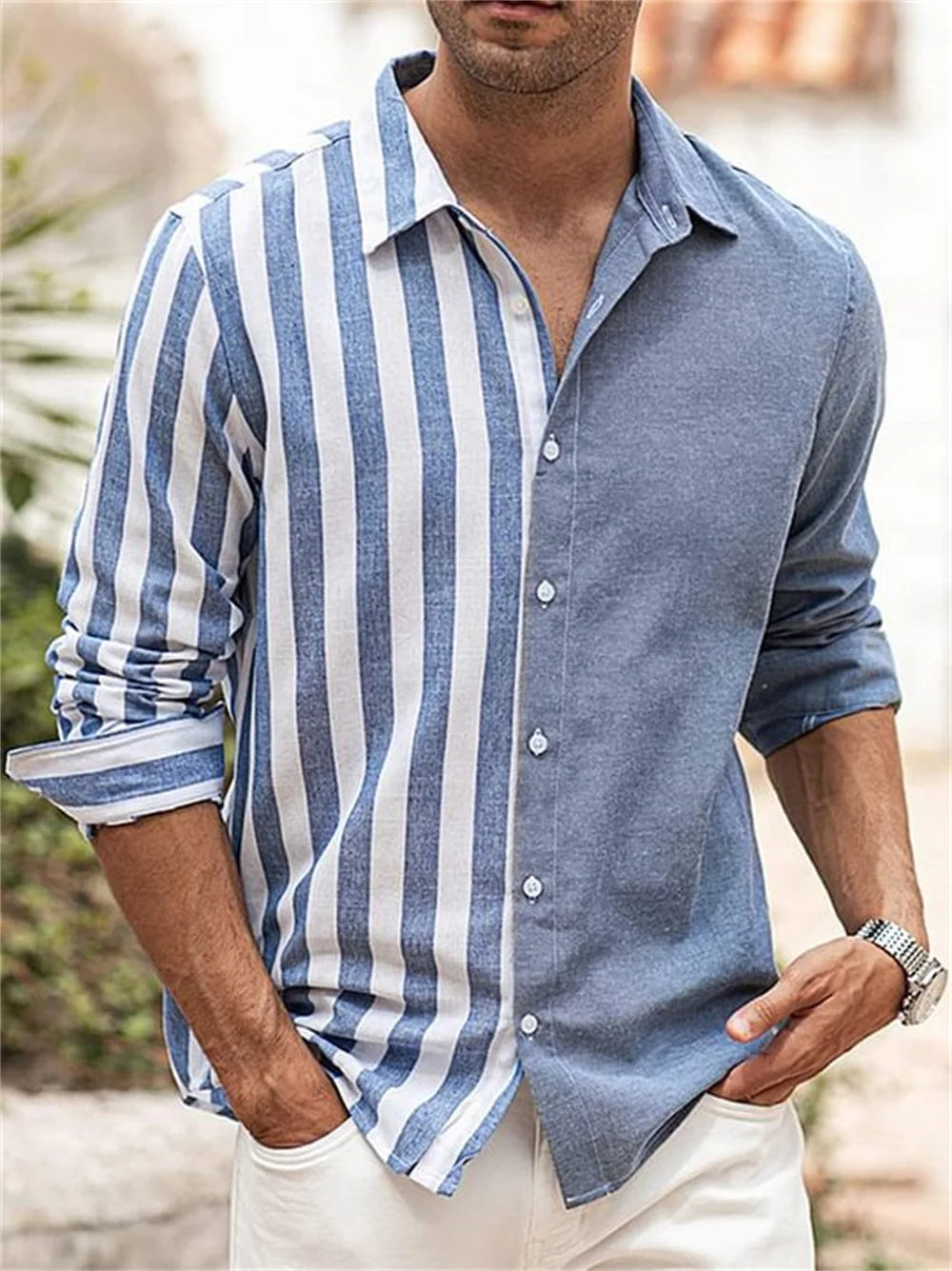 New Men'S Long Sleeved Solid Color Striped Printed Shirt, Men'S Hawaii Classic Fashion Top, Comfortable and Soft Materials 2023