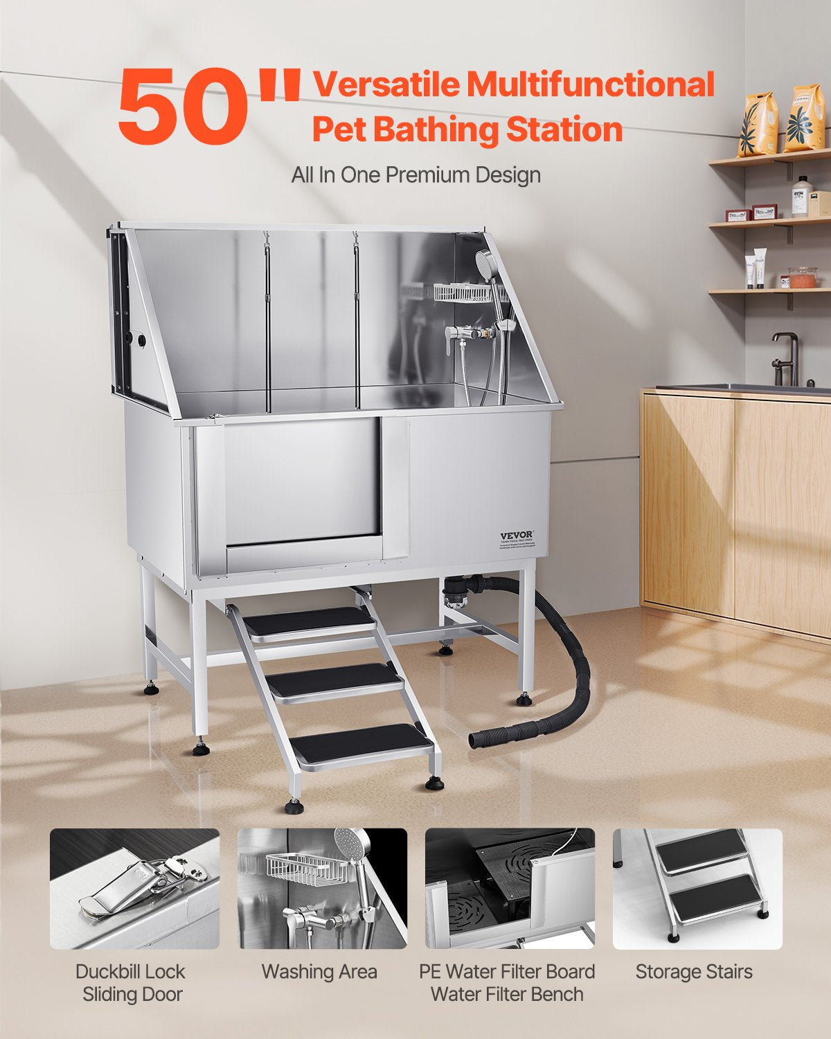 50 Inch Dog Grooming Bath Tub Stainless Steel W Stairs Water Filter Left