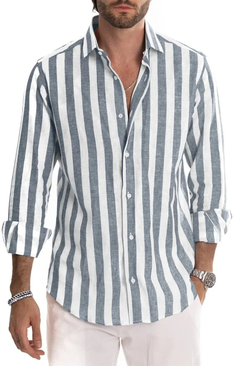 New Men'S Long Sleeved Solid Color Striped Printed Shirt, Men'S Hawaii Classic Fashion Top, Comfortable and Soft Materials 2023