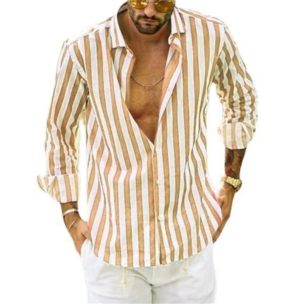New Men'S Long Sleeved Solid Color Striped Printed Shirt, Men'S Hawaii Classic Fashion Top, Comfortable and Soft Materials 2023