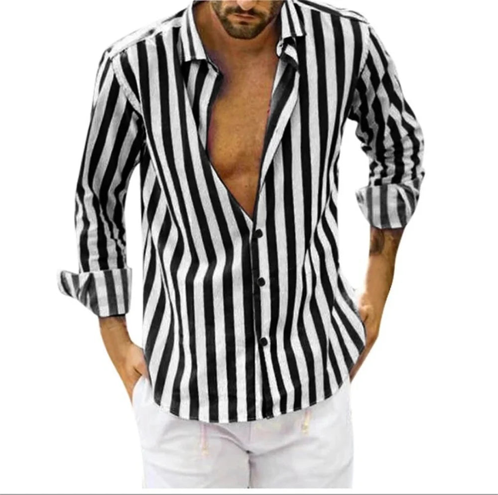 New Men'S Long Sleeved Solid Color Striped Printed Shirt, Men'S Hawaii Classic Fashion Top, Comfortable and Soft Materials 2023