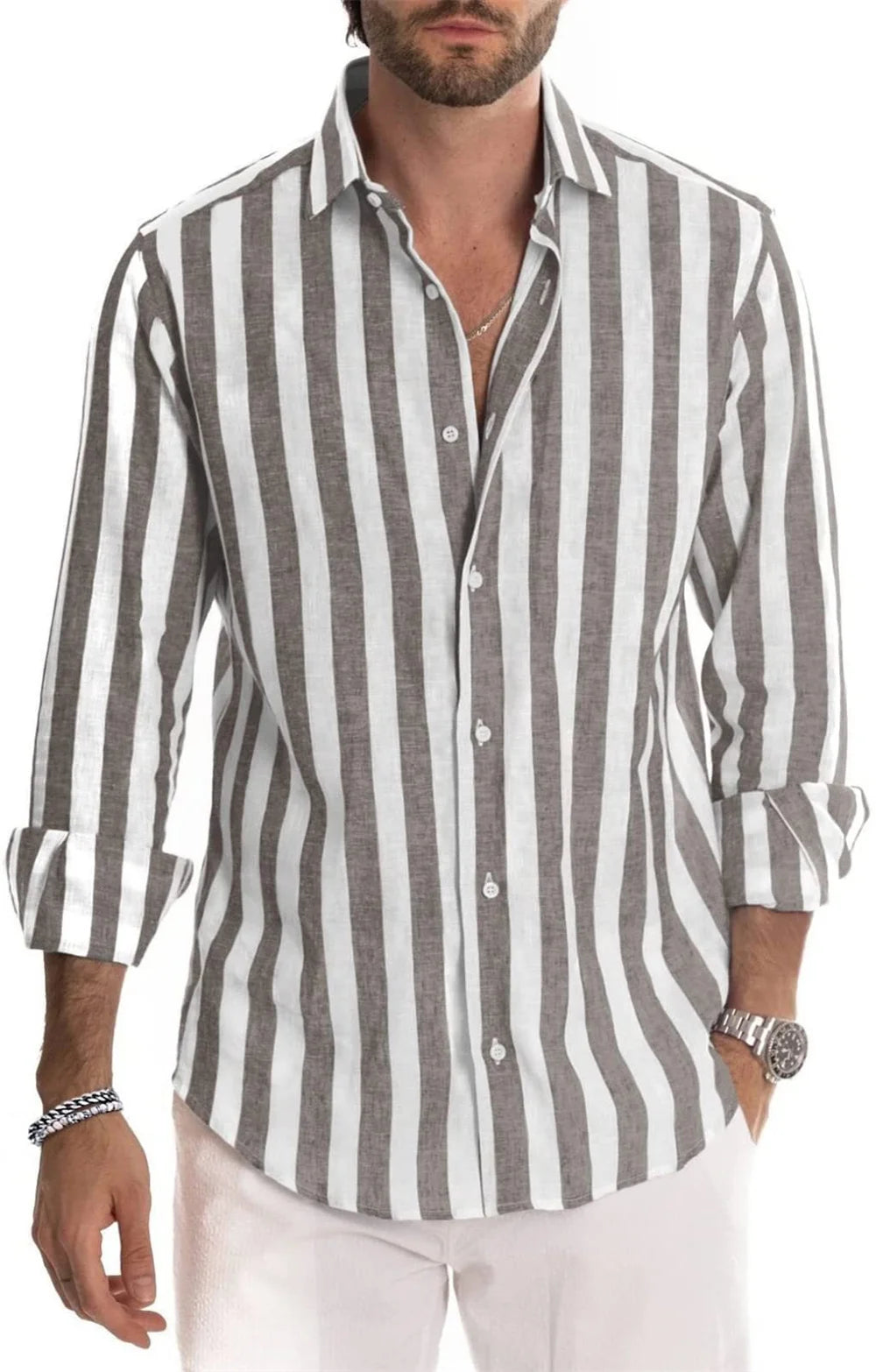 New Men'S Long Sleeved Solid Color Striped Printed Shirt, Men'S Hawaii Classic Fashion Top, Comfortable and Soft Materials 2023